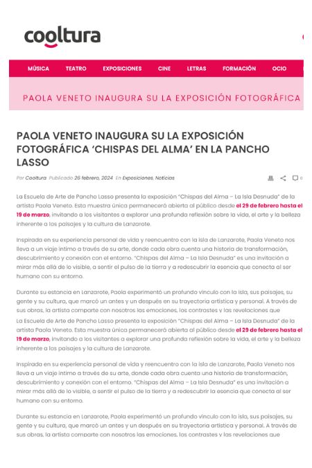 PAOLA VENETO INAUGURA SU LA EXPOSICIÓN FOTOGRÁFICA ‘CHISPAS DEL ALMA’ EN LA PANCHO LASSO